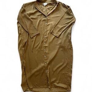 P Cill Button-Up Satin Shirt Dress in Golden Tan